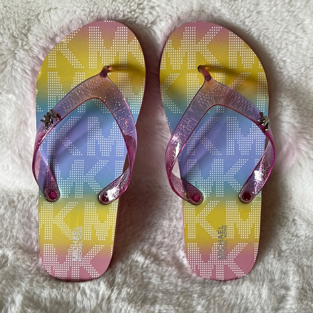 NWOT Michael Kors pink glitter rainbow flip flops